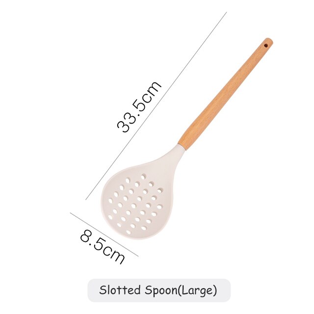 White Cooking Utensils set Silicone Kitchen Tools Set with Wood handle for Nonstick Cookware Kitchen set with Spatula/Spoons: Slotted Spoon(Large)