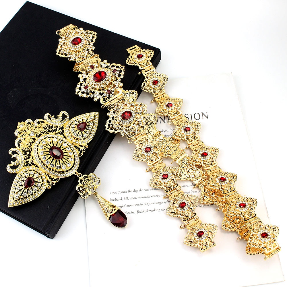 Sunspicems marokkanske bryllupssmykker sæt kaftanbælte broche til kvinder guldfarve rød krystalbrud