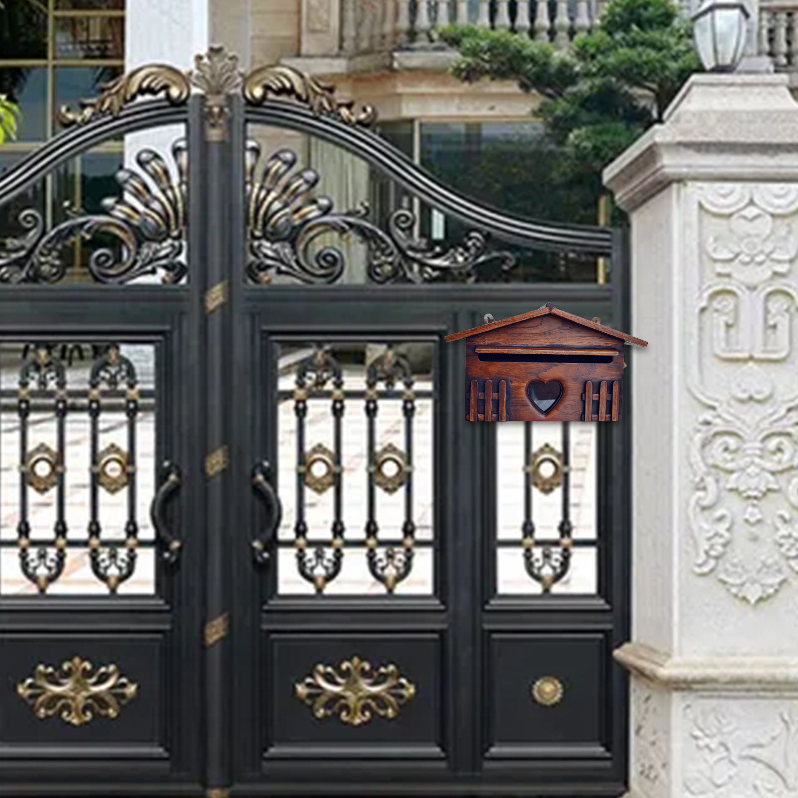 Wooden Wall Mounted Mail Box Gate Decorative Hanging Letterbox Box