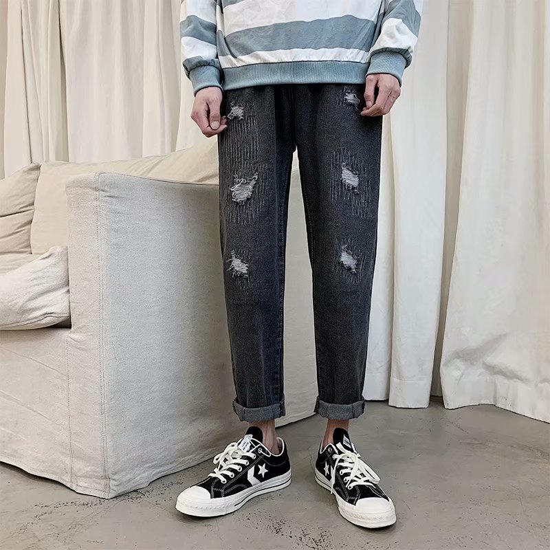 Hål jeans herr vår sommar höst tidvatten märke lösa vida ben pappa byxor herr trend vilda raka niopunkts byxor herr