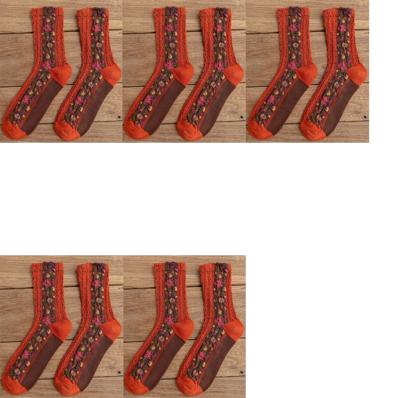 Bomuldsstrømper til kvinder 5 par blomst nationale damer åndbar efterår vinter varmere strømpepakker fritidssokker sox: Orange