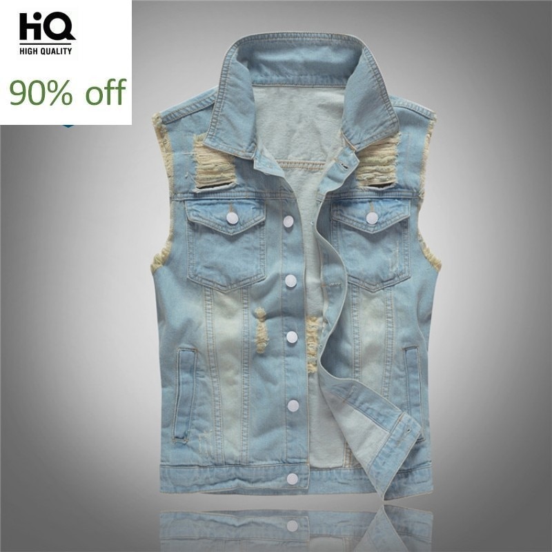 Koreanische Dünne Plus Größe 4XL 5XL Männer Denim Westen Ärmel Ausgefranste Patchwork Loch Jean Jacken Weste Streetwear