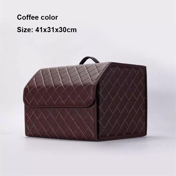 Car storage bag PU leather trunk storage box storage bag foldable car trunk storage and finishing high-end luxury storage box: Coffee medium