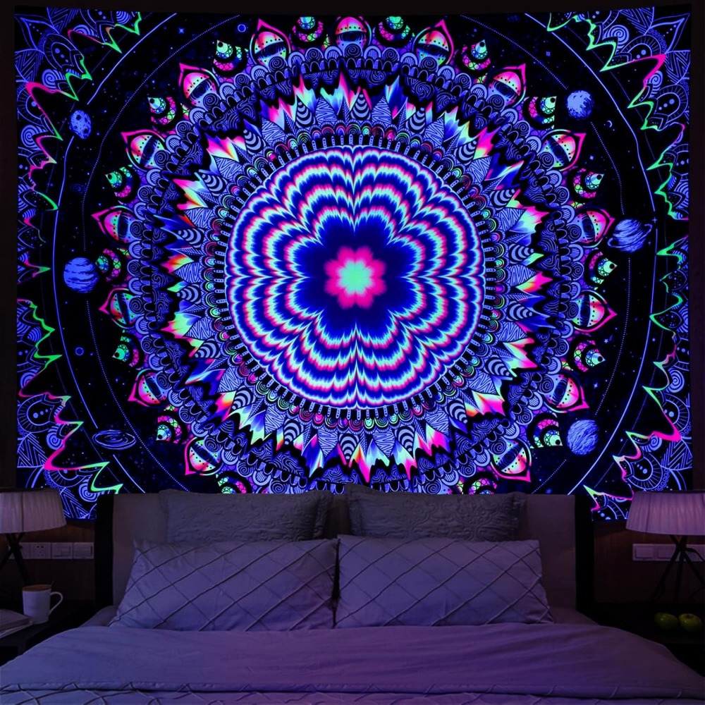 Tapiz de luz negra UV estrellada con Mandala bohemio, decoración de pared fluorescente brillante, adecuado para dormitorio, sala de estar y dormitorio: 1.200 mm x 1.7000 mm / Morado
