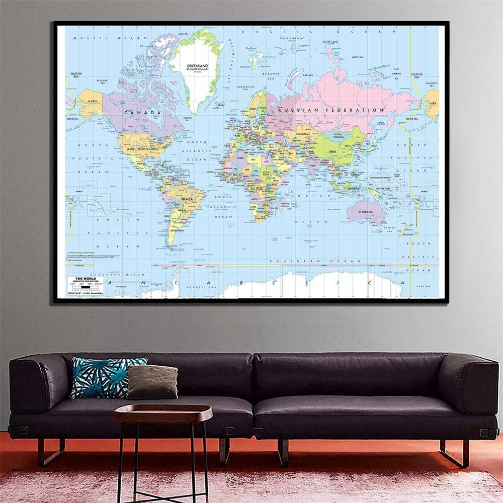 24x36cm The World Mercator Projection Map HD Fine Canvas Spray Painting For Bedroom Wall Painting