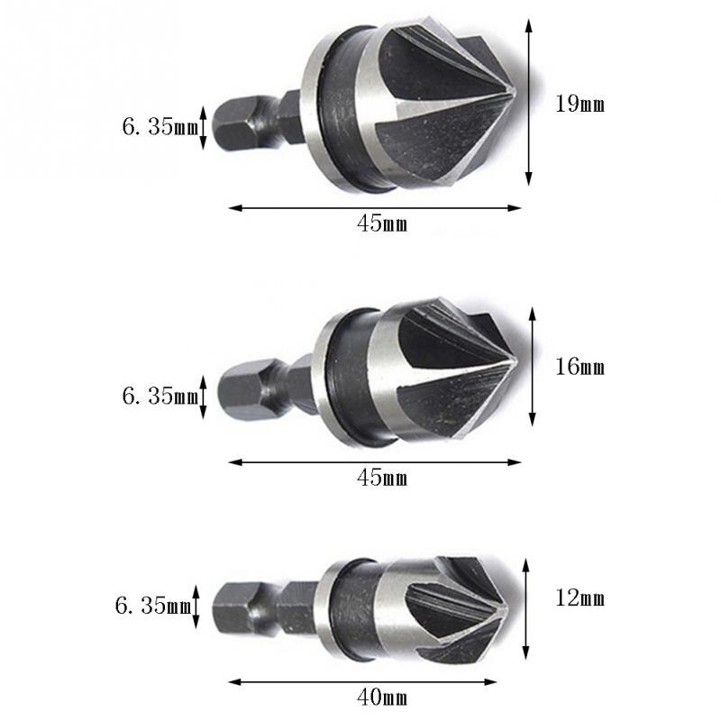 3pcs/set 12/16/19mm Durable Carbon Steel Hex Countersink Set Plate Tapping Chamfering Bit Quick Change Drill Bit Tools