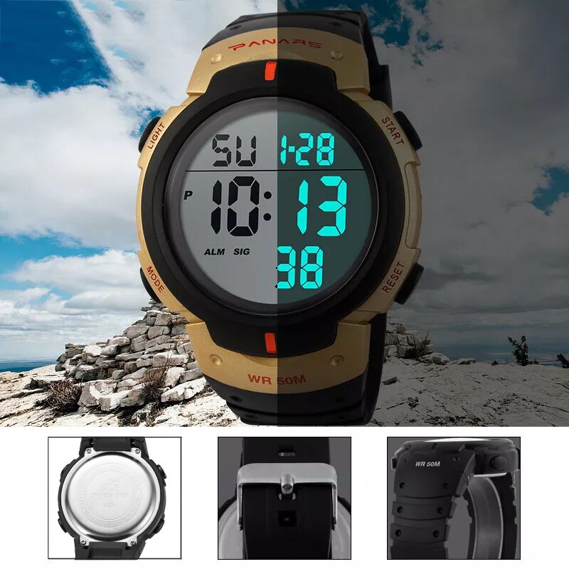 Outdoor Sport Horloge Mannen Grote Wijzerplaat Multifunctionele Digitale Horloge Voor Mannen 5ATM Waterdichte Horloges Wekker Reloj Hombre 1251