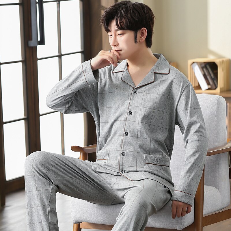 Pijama de algodón puro para Hombre talla grande XXXL, Tops de manga larga, pantalones, gris, a cuadros, para casa