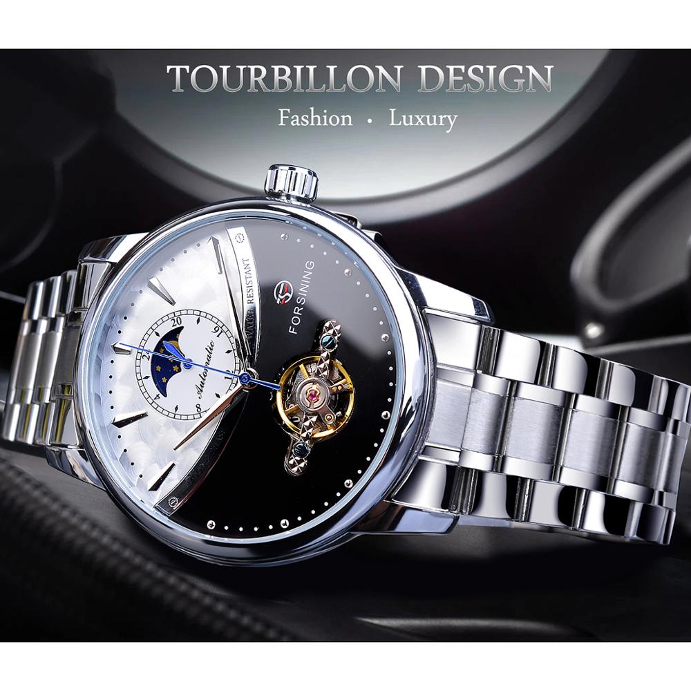 Forsining Mannelijke Horloges Casual Automatische Maanstand Half Dial Self-Wind Mechanische Roestvrij Stalen Band Jurk Horloges