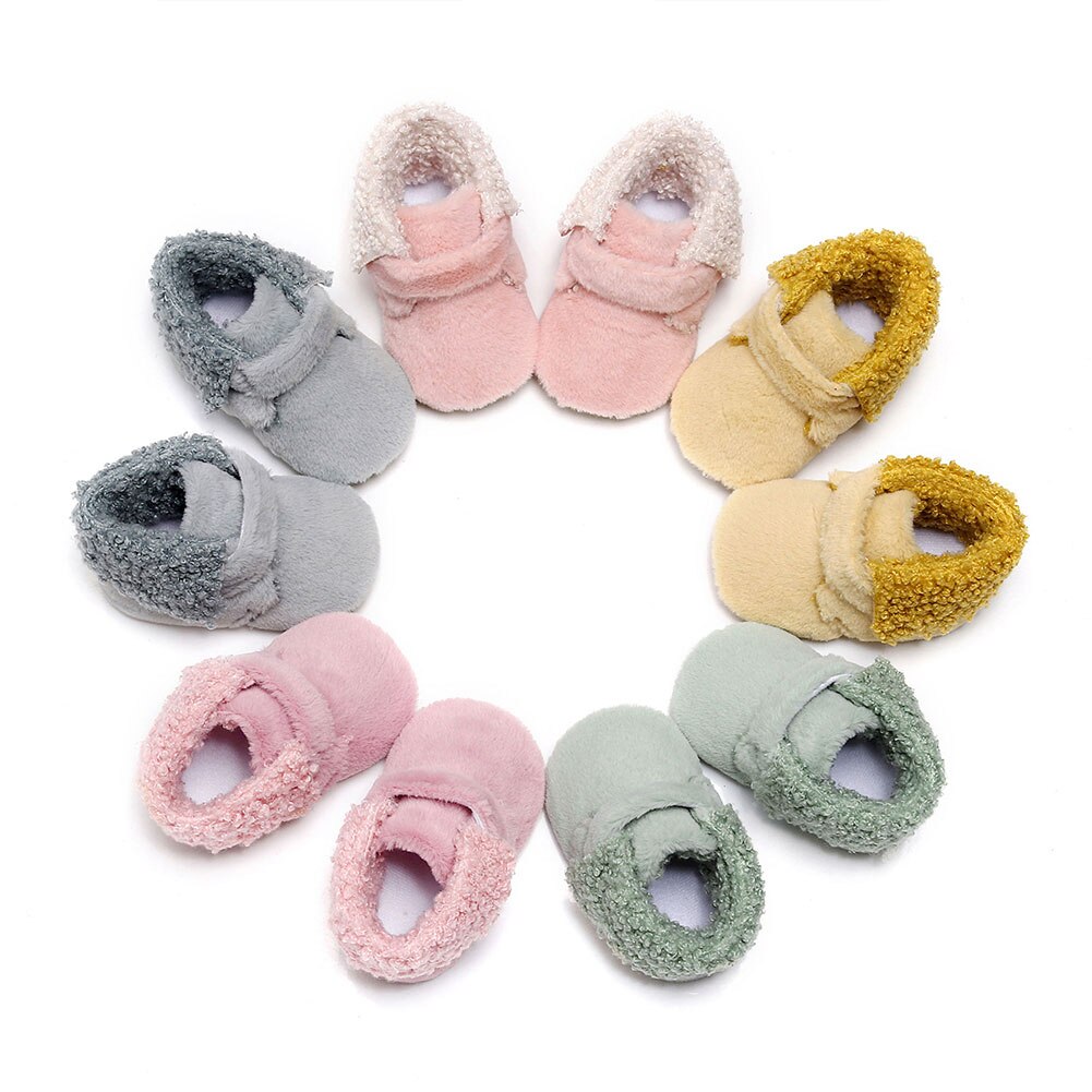 Mode Baby Winter Bont Crib Schoenen Zachte Zool Pluche Gevoerd Slippers Peuter Eerste Wandelaars Met Antislip Bodems