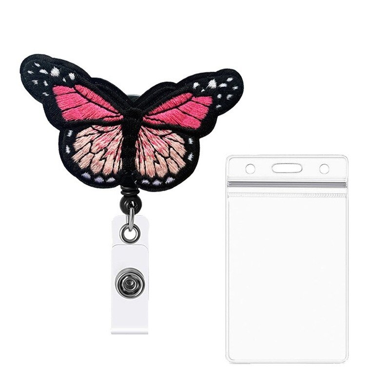 bunt Schmetterling Abzeichen Spule mit transparent PVC Abzeichen Karte Halter einziehbar Brust Tasche Ich würde arbeiten Karte Startseite Fall Clip: Rosa Schmetterling