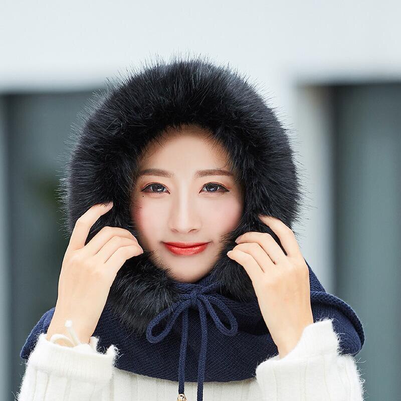 Adult Plus Velvet Hat Female Multi-Fuction Knitted Cashmere Hat Collar Set Winter Neck Warmer Hooded Earmuffs Warm Thickened: Navy blue