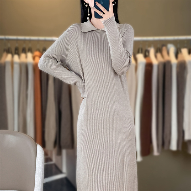 Women's boutique POIO collar long sleeved dress autumn and winter knitted cashmere sweater Women's solid color pullover long: XXL / Champagne