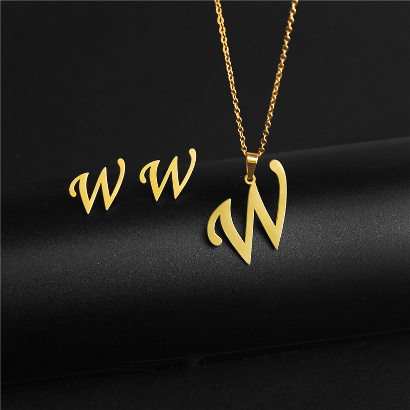 A-Z 26 charm Initial Necklace And Stud Earrings Jewelry Sets Alphabet Pendant Chain Letter mom: Titanium Plated