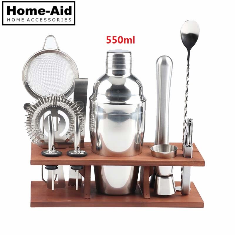 11 Stks/set Rvs Cocktail Shaker Set Drankjes Zeef Flesopener Maker Mixer Lepel Meet Cup Bar Tool Kit: SKSET0019-550ml