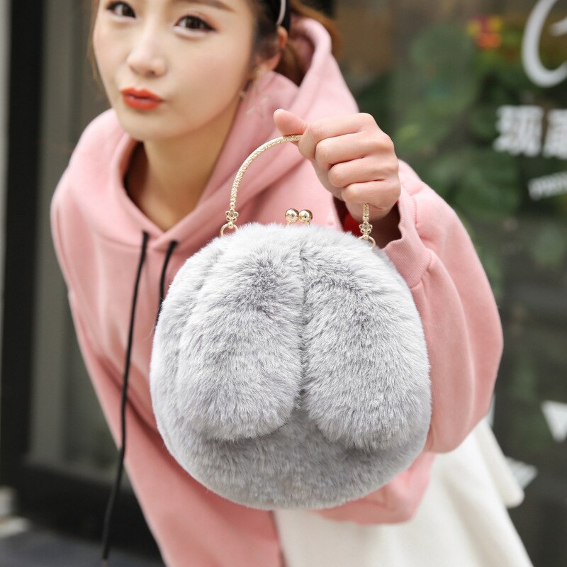 Faux Fur Rabbit Ears Plush Kawaii Round Bag Shoulder Crossbody Bags Women Chain Messenger bag Ladies Solid Furry Handbag: Light Gray