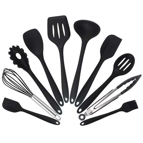 Cuchara de silicona para cocinar, espátula, cucharón, batidores de huevos, juego de vajilla, utensilios de cocina, suministros de accesorios de cocina, 10 Uds.: black