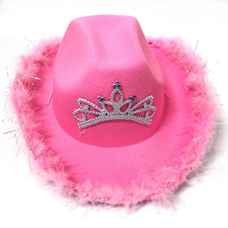 Feather Trim Letter Cowboy Hat Sequined Pink Crown Hat Prom Party Decoration Cap Happy Birthday Party Decor Kids Girl Princess: Fluorescence Yellow