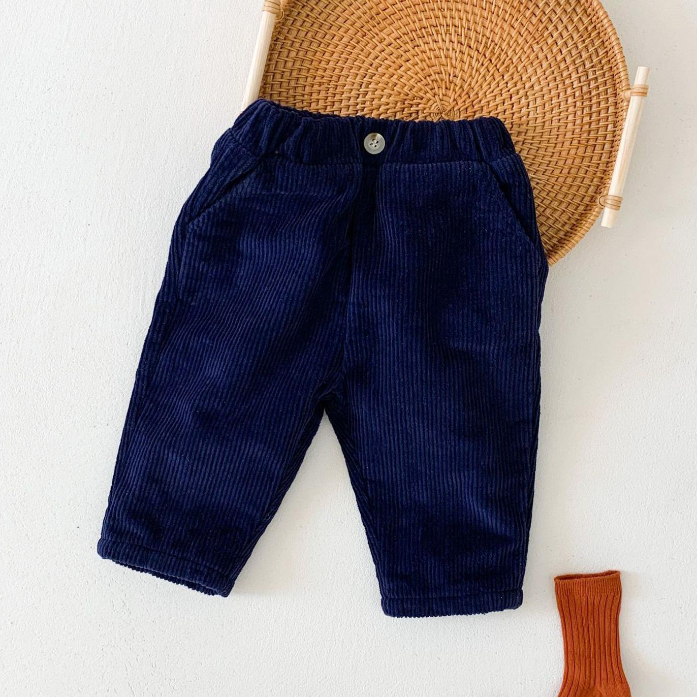 Kinderen casual elastische taille pure katoenen corduroy broek baby effen kleur plus fluwelen broek jongens en meisjes winter warme broek: K3573 donkerblauw / 9m 73cm