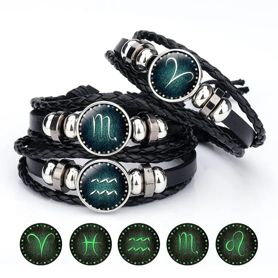 Pulsera luminosa de piedras preciosas artificiales de doce constelaciones; Pulsera tejida de 12 constelaciones de cuero PU con cuerda con cuentas