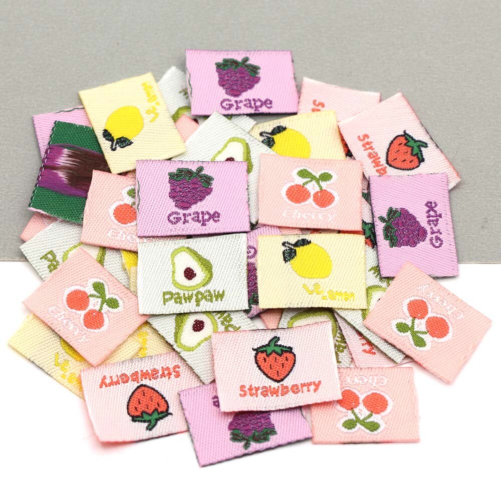 Etiquetas de frutas hechas a mano para ropa de niños, etiqueta de cereza, fresa, limón, hecha a mano, bordada, 50 piezas