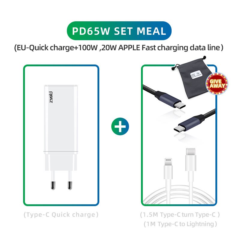 ZYG Xiaomi 65W Fast Charger Type-C Interface PD3.0 QC4.0 Portable Mobile Phone Quick Charger, iPhone 12 Por Laptop Fast Charging: EU 100WAnd20W cable