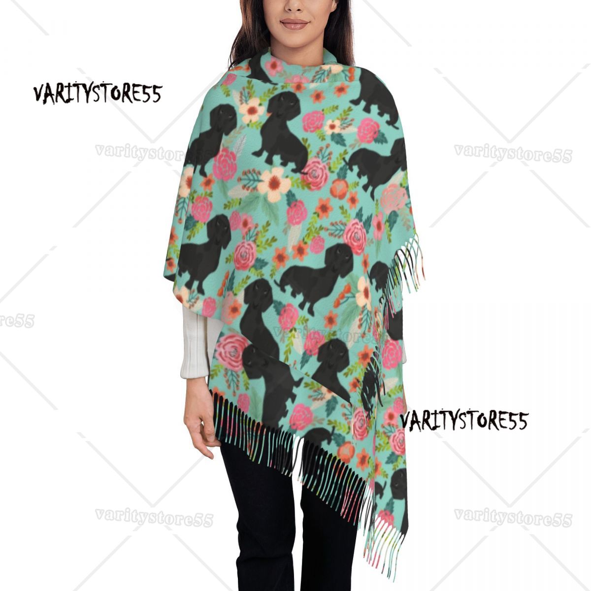Doxie Florals Dachshund Scarves Women Winter Fall Soft Warm Tassel Shawl Wraps Badger Sausage Dog Scarf: ROYAL BLUE