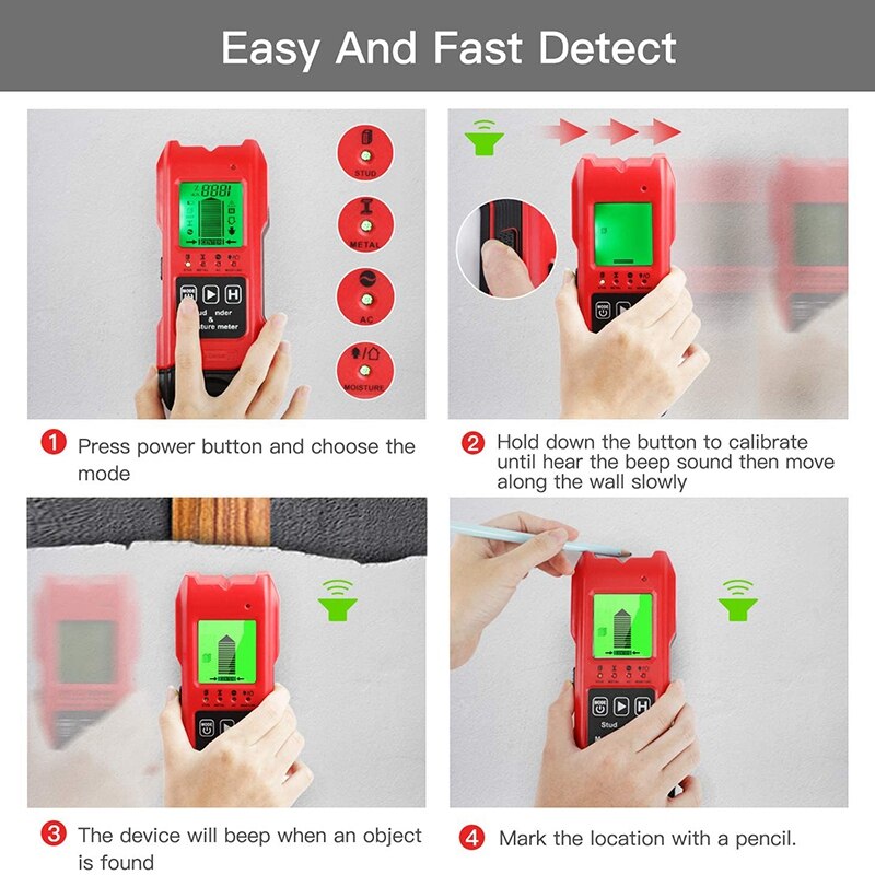 7 in 1 lcd-scherm stud finder sensor wanddetector voor hout metalen studs wisselstroomdraad vocht temperatuur detectie