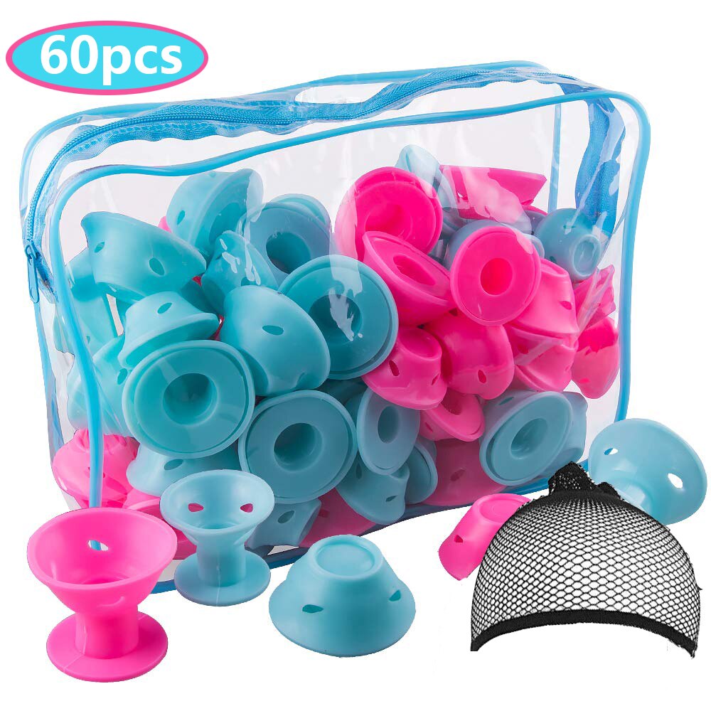 60 Stck Haar Rollen Silikon Blau Rosa Haar Lockenwickler einstellen Weiche Gummi Magie Haar Curler Modeler Heatless Haircurlers