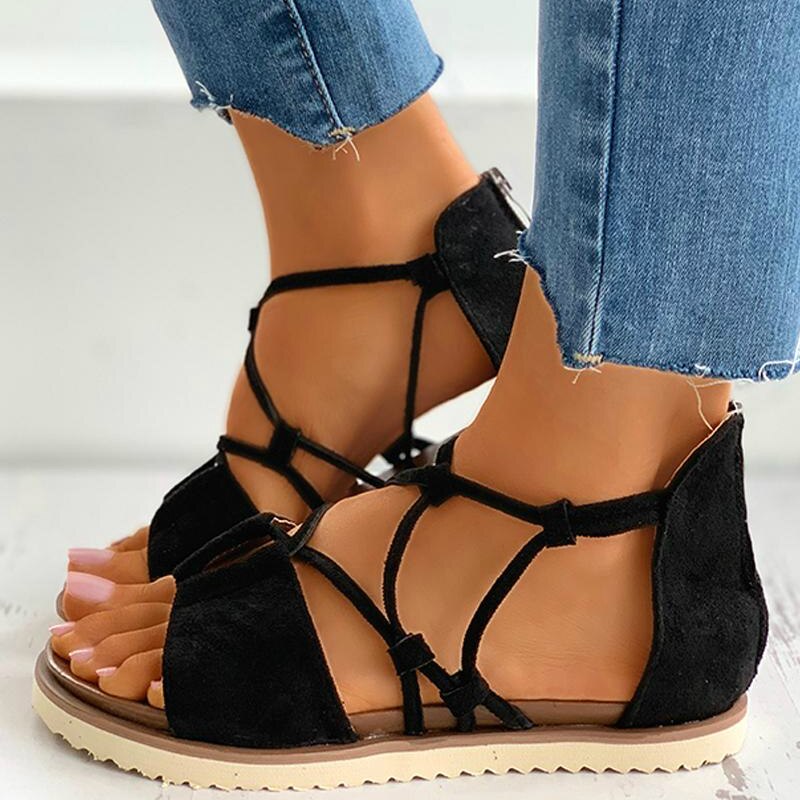 Sommer kvinner gladiator korss glipper flokk leopard semsket skinn gepard med åpenn tå mønster utskjæringe lys såle roma fritidssko damer: Svart / 5