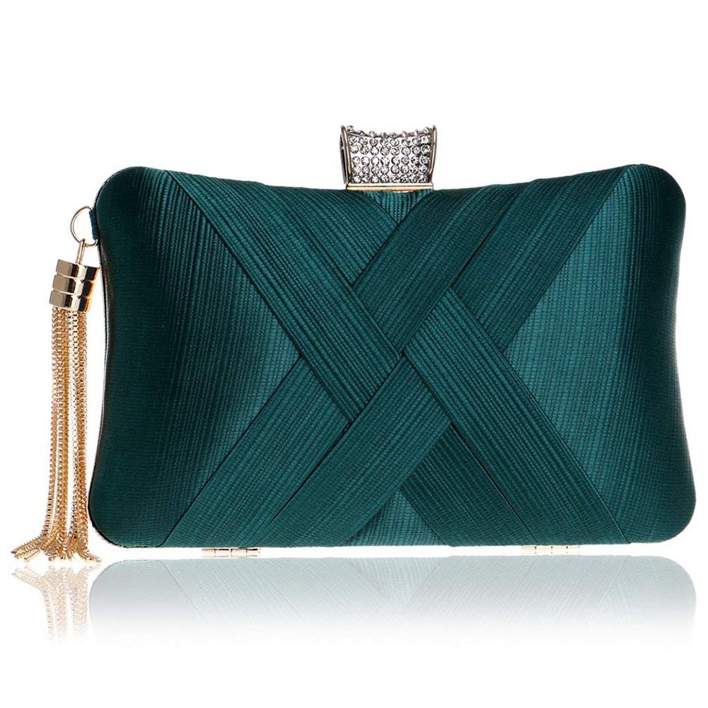 Women's Evening Clutches Bags Silk Satin Party Handbags Bridal Wedding Prom Purses with Tassel Pendant,Dark Green