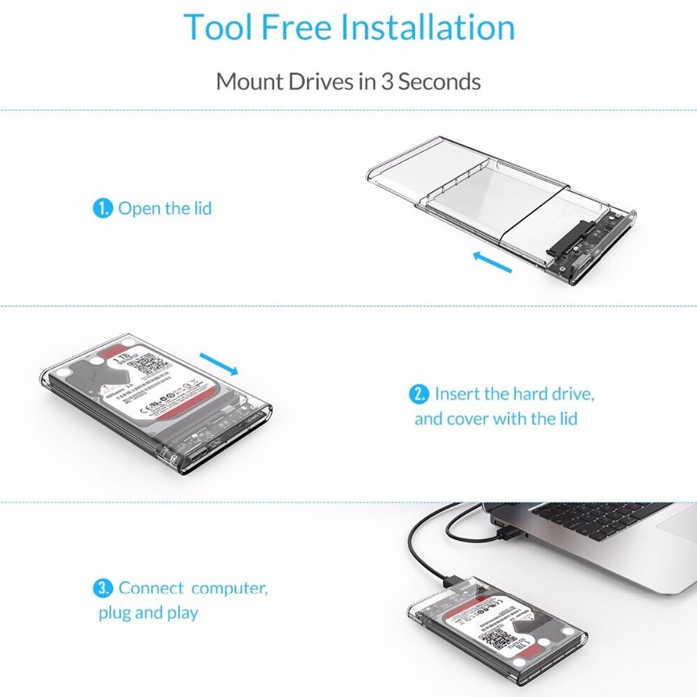 Genomskinligt 2.5 tums hårddiskfodral sata till usb 3.0 hdd ssd-hölje verktygsfritt hdd-fodral med usb-kabelficka