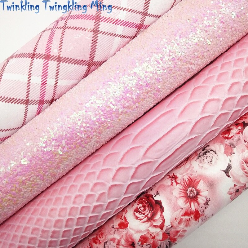 Roze Chunky Glitter Leer Bloemen Tartanprinted Synthetische Faux Leer Stof Voor Boog A4 21X29 Cm Twinkling Ming KM107