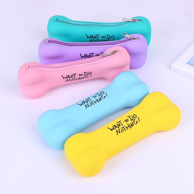 Kawaii Candy-colored Bone-shaped Pen Bag Silicone Zipper Pencil Cases Lovely Letter Style Cosmetic Stationery Pouch School Suppl