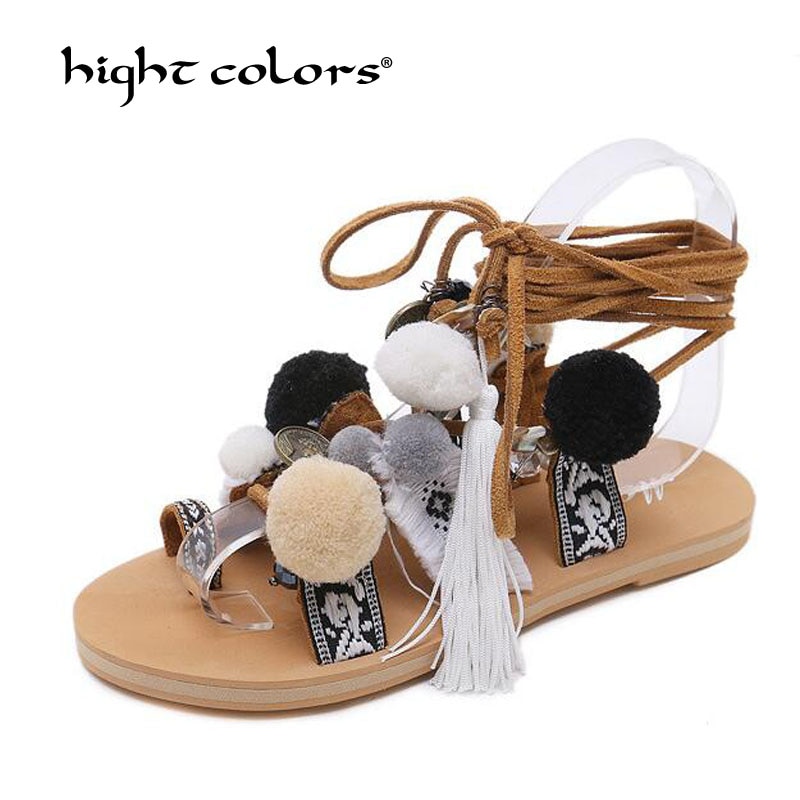 Pom Pom Gladiator Bohemia Sandals Women Lace up Knee High Flat Sandal Women Shoe Summer Apricot M999-17