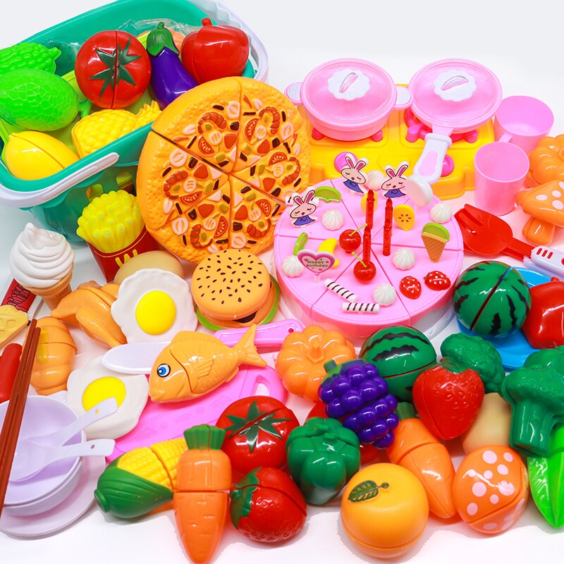 Kit de cocina de plástico para niños, juego de simulación de frutas y verduras, juguete educativo para cortar, de cumpleaños, 150 piezas: 106-piece set