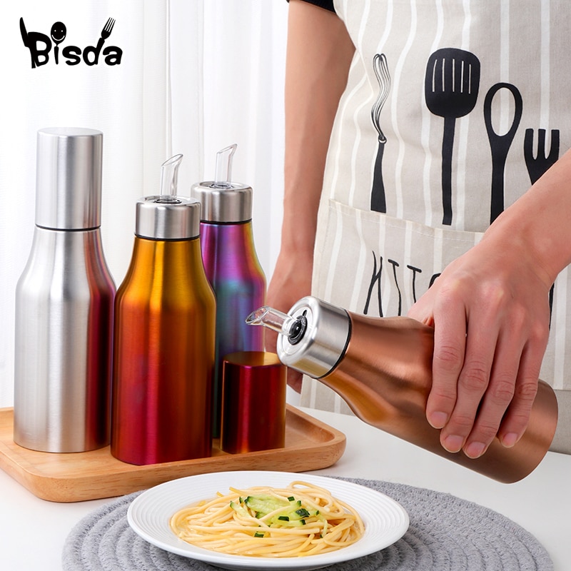 Aparelho para cozinha de aço inoxidável, à prova de vazamento, com tampa, pote, tempero, pote, vinagre, molho, garrafa, óleo à prova de poeira kit de dispensador de utensílios