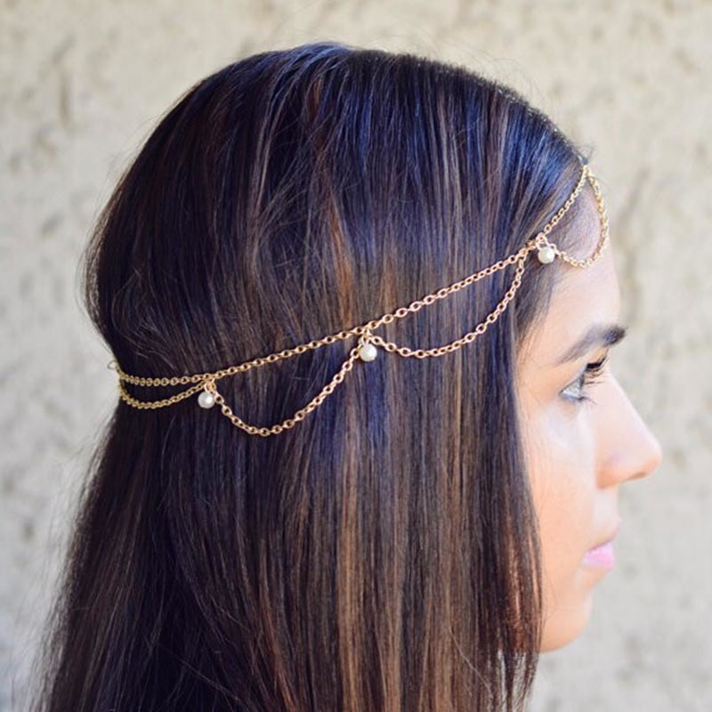 mariée mariage cheveux Bijoux accessoires pour femmes indien Boho Imitation perles tête chaîne casque Bijoux Femme: Couleur or jaune pâle