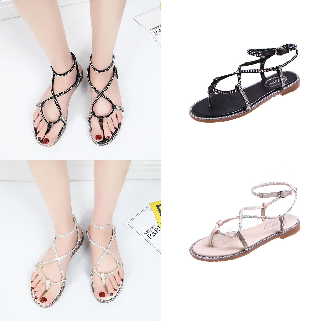 SAGACE Summer women's sandals Korean version of the wild flat bottom pin open toe cross winding straps rhinestones Roman sandals
