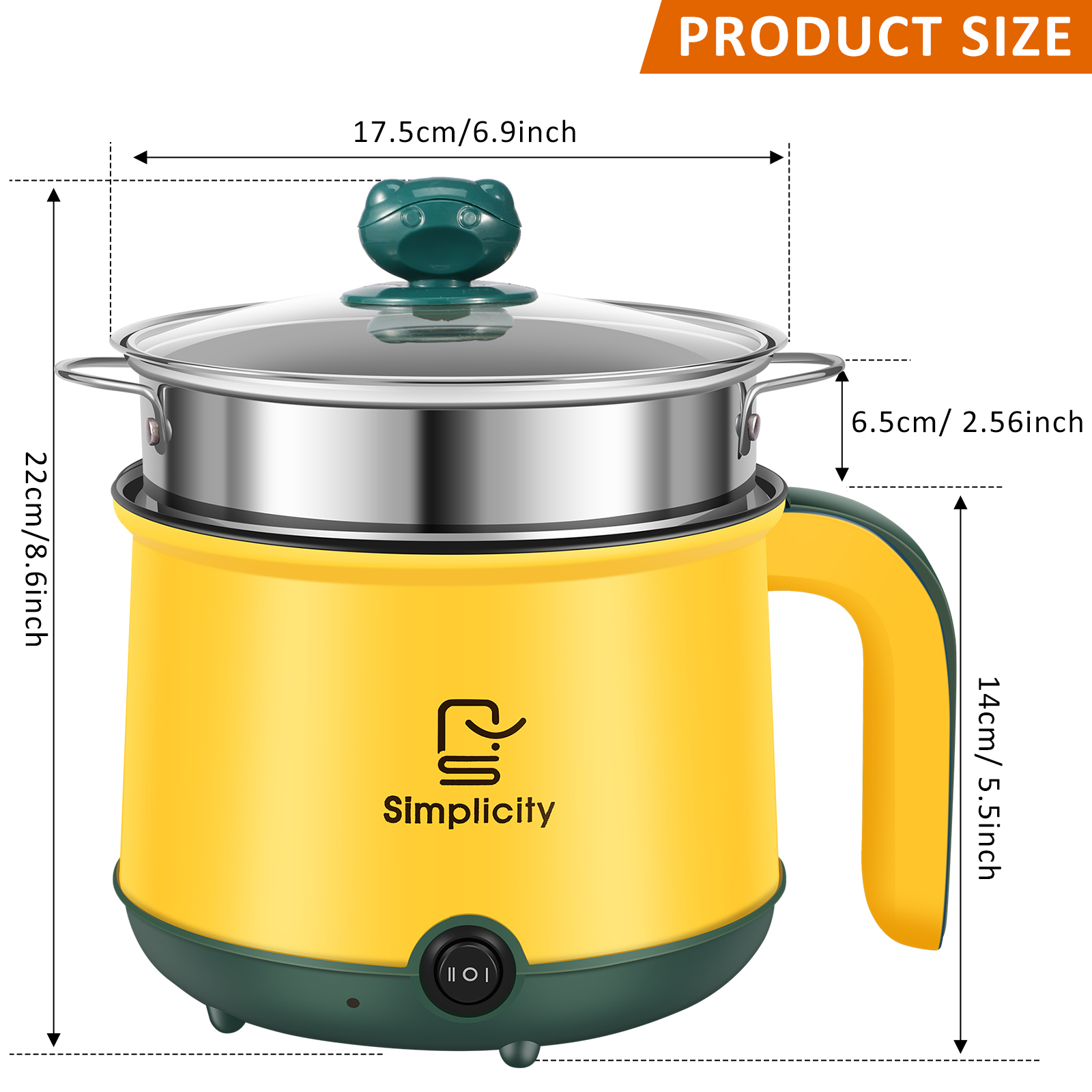 1.8L Electric Pot Electric Cooking Pot Non-Stick Cooker 2 Gear Mini Pot Cooker Dry Protection Heating Boil Ramen Cooker: YELLOW