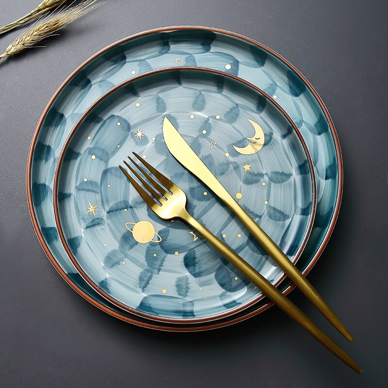 Hand Painted Starry Night Plate Eco-Friendly Ceramic Underglaze Steak Plate Dessert Tray Dinner Plates
