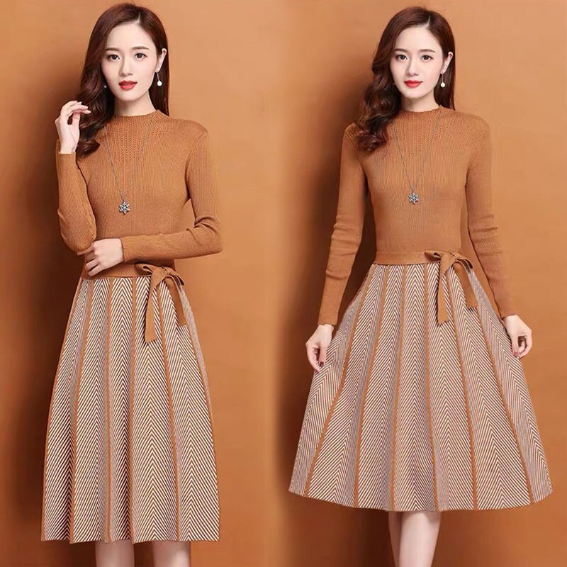 Knitted Sweater Pleated Dress Female Autumn Winter Dress Long Sleeve Sweater Women Dress Office Lady Casual Midi Dress