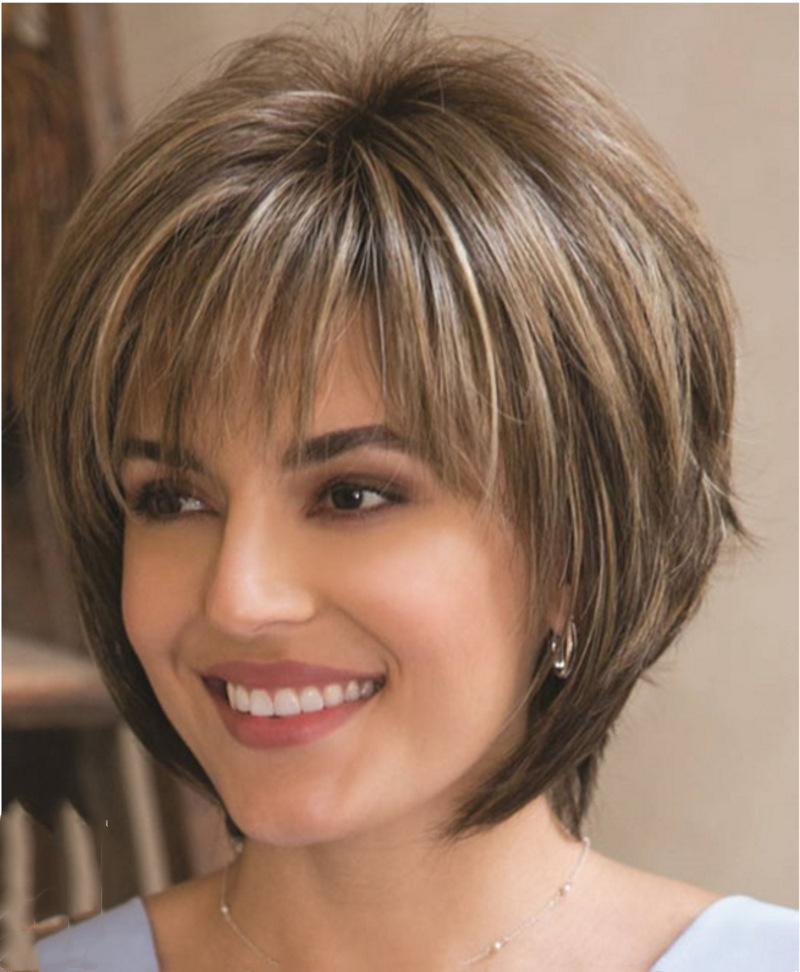 Pelucas de pelo corto con flequillo, peluca de corte Pixie Rubio mezclado marrón oscuro para mujeres, pelucas rectas de fibra sintética