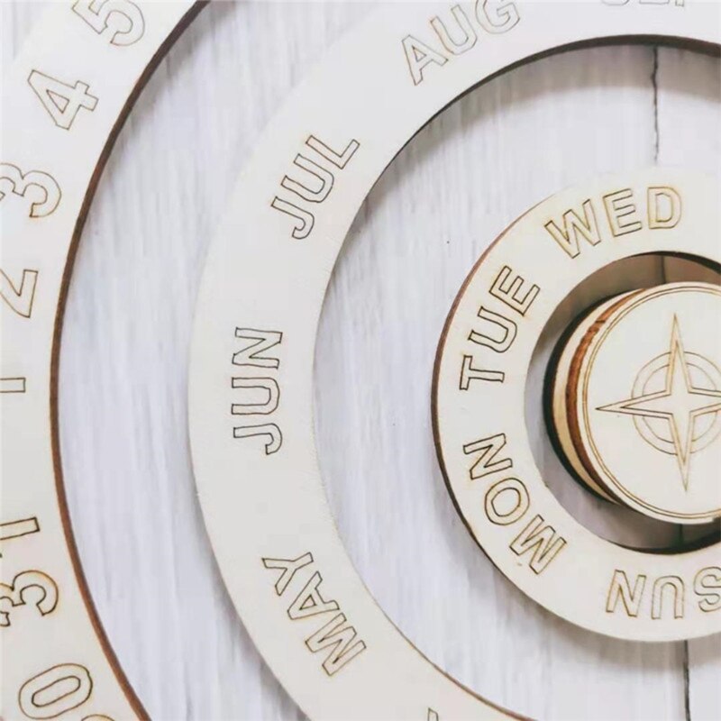 Wooden Perpetual Calendar Circular Wall Hanging Calendar Rotating Disk for Home Office