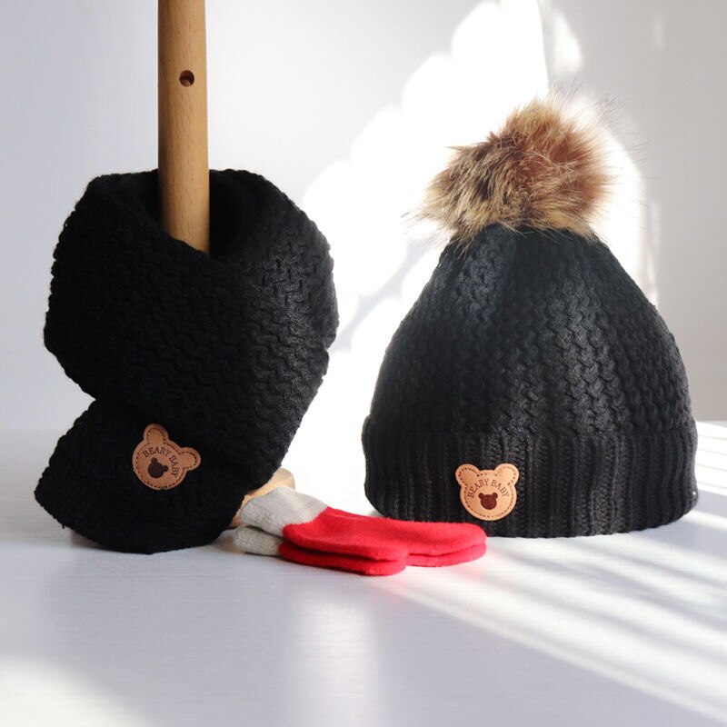 Baby hat/Scarf Autumn/Winter boy/girl hat lovely knitted wool warm hat/baby scarf set: Black / 2-3years
