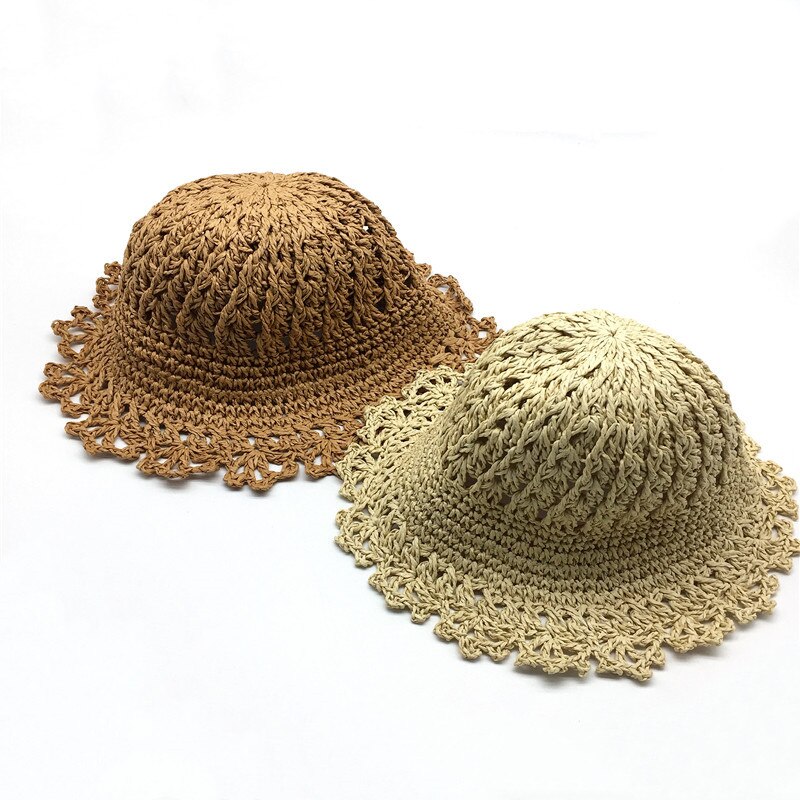 Kids Zomer Strand Handgemaakte Floppy Strooien Hoed Kinderen Meisjes Natuurlijke Opvouwbare Papier Schipper Strooien Hoed