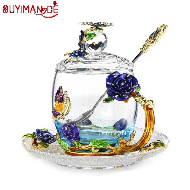 Bleu belle papillon émail tasse à café fleur thé verre tasses boisson chaude et froide thé tasse cuillère ensemble parfait de mariage: H