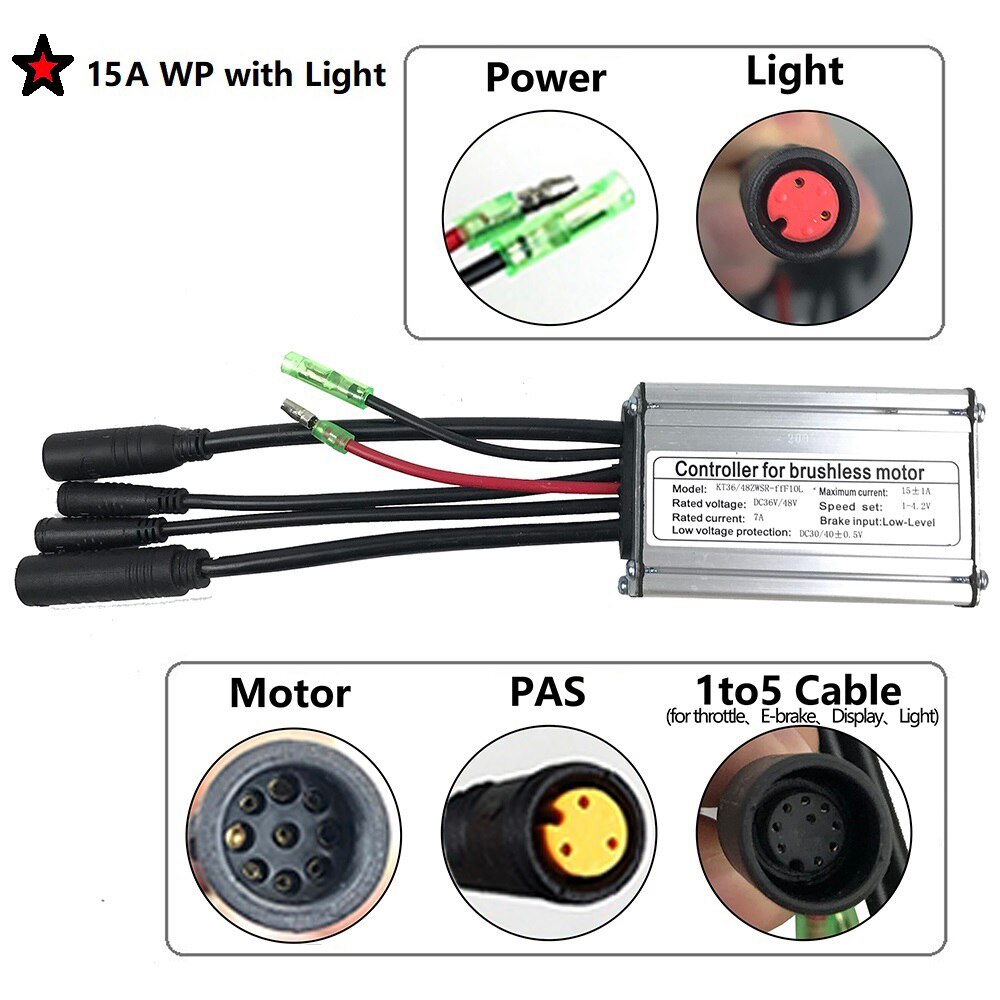 RICETOO-mando para bicicleta eléctrica, controlador de 36V/48V, Squarewave 15A/17A/22A para Ebike, Motor de 250W/350W/500W con enchufe de luz
