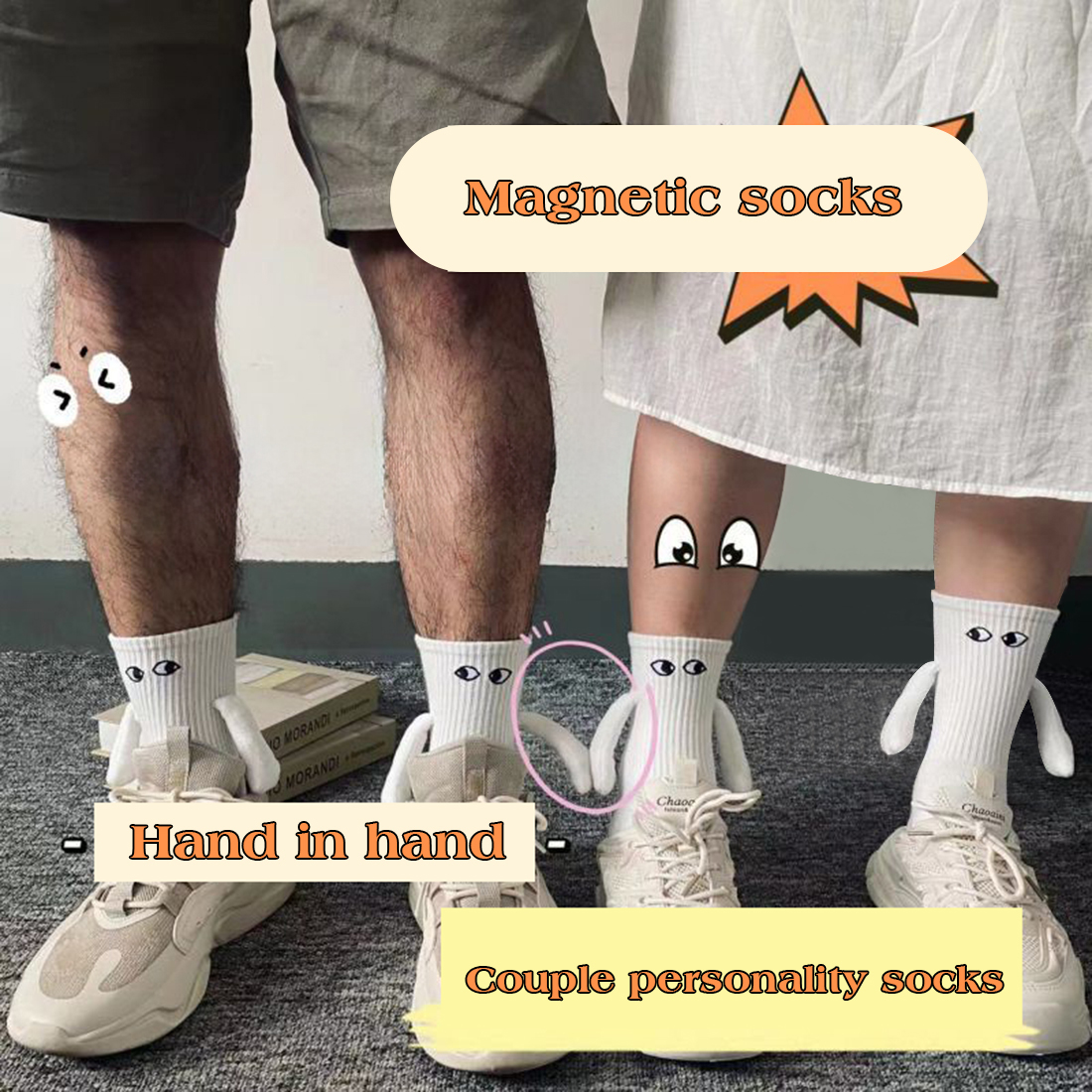 Calcetines magnéticos con manos mujeres hombres negro blanco divertido lindo ojos de dibujos animados pareja calcetines de tubo medio para