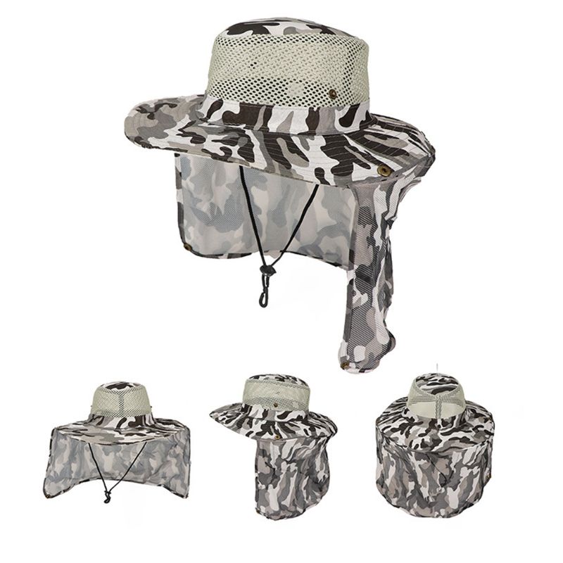 Unisex Camouflage Bucket Hat with Mesh Neck Flap Fishing Wide Brim Bo Y1QD